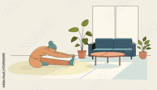 Woman seated on living room floor doing a forward bend yoga stretch for flexibility and wellness, calm morning routine near couch and houseplant in sunny, comfortable home
