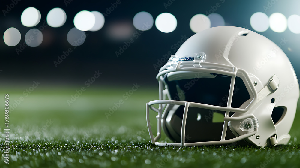 Fototapeta premium White football helmet on green field at night. Protective gear for a team sport. The excitement of competition. Get ready for the gridiron battle under bright stadium lights.