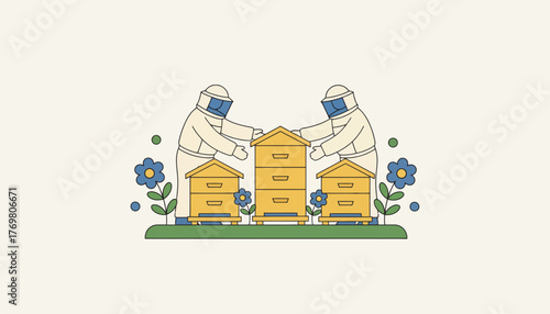 Beekeepers in protective suits managing multiple beehives amidst blooming flowers in a natural apiary, illustrating concepts of organic farming, teamwork, and sustainable honey production