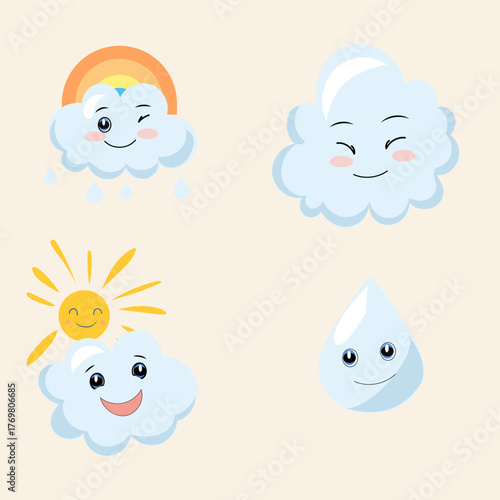 SEt kawaii weather , clouds smiling, rainbow and sun, enjoying flat vector elements