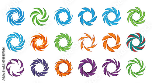 Collection of abstract circular vortex logos and icons in various vibrant colors including blue, green, orange, purple, and teal, representing motion, energy, and dynamism, perfect for technology
