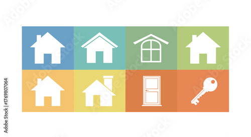 Collection of stylized house icons and symbols, including doors and keys, set against a vibrant, colorful background grid, representing real estate, home ownership, and property concepts.