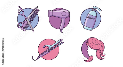 A vibrant collection of stylized icons representing hair salon essentials, including scissors, a comb, a hairdryer, shampoo bottle, curling iron, and a silhouette of a woman's head with flowing pink