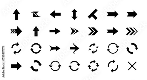 A comprehensive collection of black vector arrow icons, featuring a variety of directional symbols including straight arrows, curved arrows, double-headed arrows, and directional pointers, perfect