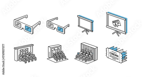 Vivid isometric icon set representing a 3D cinema experience, featuring 3D glasses, a projector screen displaying movie clips, an entrance with viewers, a cinema hall with seating, and cinema