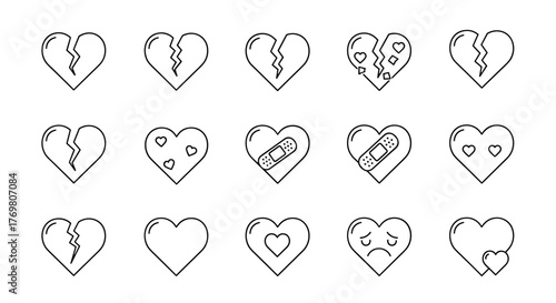 Broken Heart Thin Line Icon Set: A collection of outline signs representing heartbreak, sadness, and recovery, perfect for graphic design, web, apps, adverts, and cards. This vector cartoon