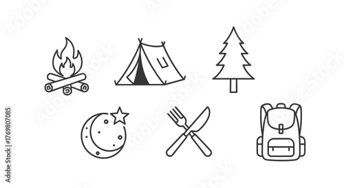 Set of simple stroke line vector icons for camping and outdoor activities, featuring a campfire, tent, pine tree, moon and star, cutlery, and backpack, perfect for travel and lifestyle themes.