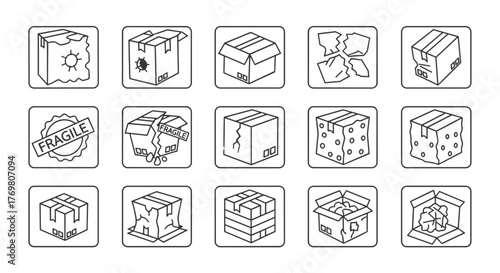 Set of thin line icons representing broken, damaged, and fragile boxes, including a "Fragile" stamp, suitable for graphic and web design, apps, adverts, and various cards, presented as a vector