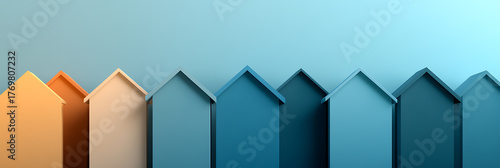 A row of minimalistic house-shaped objects in gradient hues, moving from warm oranges to cool blues against a clean, light blue backdrop. Abstract real estate concept.