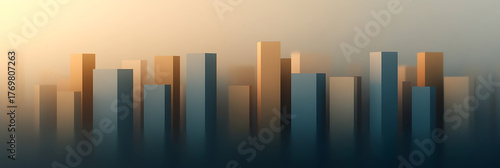 Panel kuchenny z motywem Abstract city skyline with muted tones showcases a tranquil, dreamlike urban landscape. Rising geometric forms create a peaceful ambiance through light and shadow.
