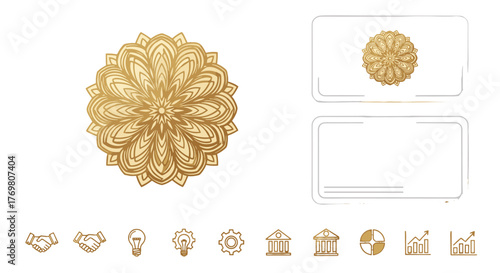 Elegant Golden Mandala Logo with Business Card Mockup and Business Icons Set, Vector Cartoon Illustration on Black Background, Featuring Shaking Hands, Lightbulb, Gears, Bank, Coin, and Growth Charts