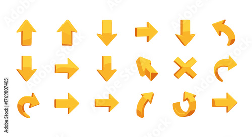 Collection of 3D yellow arrow pointers and icons, isolated on a black background, presented in an ordered set. This vector cartoon illustration features a variety of directional symbols, including