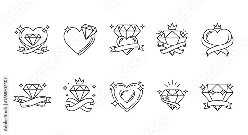 Luxury Love Diamond Logo Design Vector Cartoon Illustration with a White Background, Ordered Set, Try to Avoid Text, Ordered Line Icon Set on White Background, Vivid and Elegant Symbol for Romance