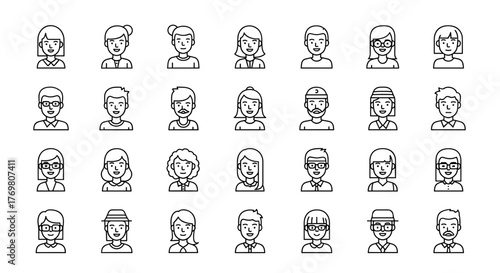 A diverse collection of stylized avatar icons, presented in a clean, outline-only format against a stark black background, representing a wide array of individuals and characters for digital use and