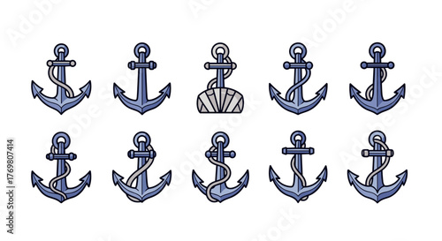 Set of ten nautical anchor icons in a flat style, featuring various designs with ropes and a central seashell motif, perfect for maritime themes, travel graphics, and marine-themed designs, presented