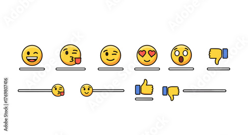 Collection of social media reaction emojis and icons, including laughing, winking, in love, surprised, thumbs up, and thumbs down, presented as vector cartoon stickers on a clean white background