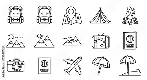 Collection of outline travel icons including backpacks, map pin, camping tent, campfire, mountains, suitcase, passport, airplane, camera, and beach umbrella, perfect for infographics, articles