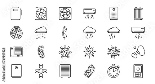 Vector set of air purifiers and related icons, including fans, air conditioners, viruses, clouds with rain, and a stopwatch, presented as clean, ordered line art on a white background, ideal for
