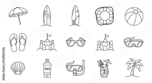Collection of thin line vector icons representing various beach and summer vacation elements, including a beach umbrella, surfboards, flip-flops, sandcastles, sunglasses, a lifebuoy, a beach ball, a