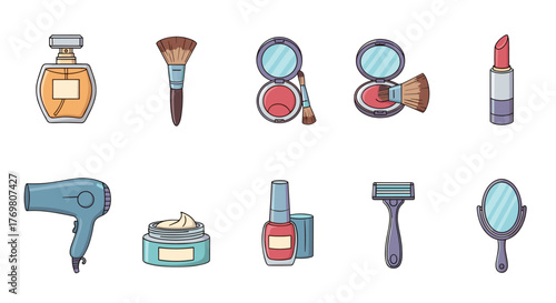 A vibrant collection of beauty icons, including perfume, makeup brushes, blush compacts, lipstick, a hairdryer, cream jar, nail polish, razor, and a hand mirror, presented as a cartoon vector