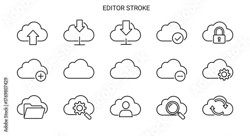 A diverse collection of cloud-related line icons, including arrows, locks, and checkmarks, presented in a vivid and descriptive manner, perfect for infographics, articles, books, flyers, and banners