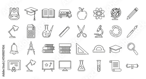 Back to school and education doodle elements, ordered line icon set on black background, featuring a backpack, graduation cap, open book, school bus, apple, atom, globe, pencil, desk lamp