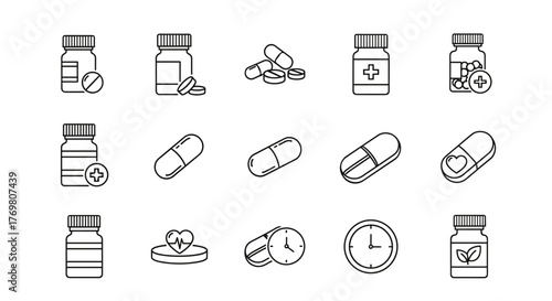 Collection of line icons related to medicine and healthcare, featuring pill bottles, capsules, and clocks, suitable for web, print, and app design with editable stroke and cartoon illustration style.