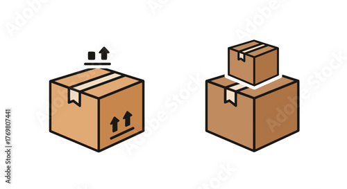 Vector cartoon illustration of two sets of cardboard boxes, one with 'this side up' arrows and another stacked, representing delivery, shipping, and logistics. Clean, modern design with a black
