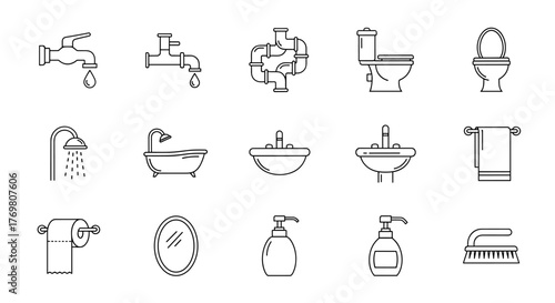 Collection of minimalistic outline web line icons representing various bathroom elements including faucets, pipes, toilets, shower, bathtub, sinks, towel, toilet paper, mirror, soap dispenser, and