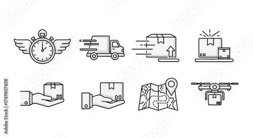 Fast delivery outline linear sign set for graphic and web design, apps, adverts, various cards, vector cartoon illustration with a white background. Includes stopwatch with wings, delivery truck