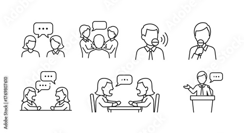 Faceless People Talking Minimalistic Thin Outline Icons Vector Cartoon Illustration Set. Collection of icons depicting communication, discussion, debate, public speaking, and conversation, presented