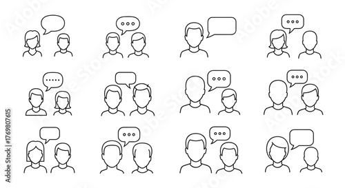 Faceless people talking in outline style, vector cartoon illustration with a white background, perfect for graphic and web design, representing communication and discussion in a modern, minimalist