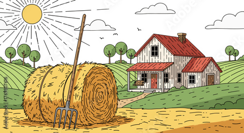 Vibrant vector illustration of a rustic farmhouse scene bathed in the warm glow of a stylized sun, featuring a large, golden hay bale and a traditional pitchfork in the foreground, set against