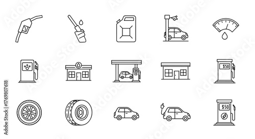 Minimalistic linear pictogram set of gas station icons, editable stroke, featuring fuel pumps, cars, fuel gauge, jerrycan, and tires, perfect for design of cards, apps, banners, and posts, vector