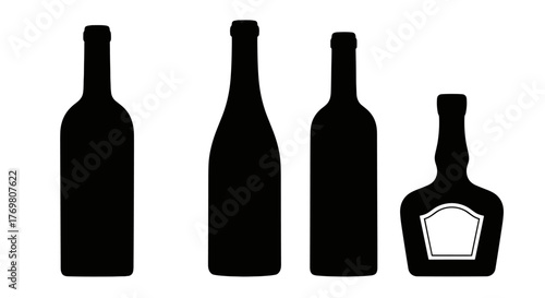 Collection of four distinct silhouette wine bottles, showcasing a variety of shapes and sizes, representing alcoholic beverages in a clean vector graphic format, perfect for design elements related
