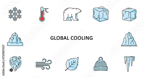 Global Cooling concept vector icons set, including snowflake, thermometer, polar bear, ice cubes, icebergs, wind, leaf, winter hat, and icicles, representing cold weather and environmental changes