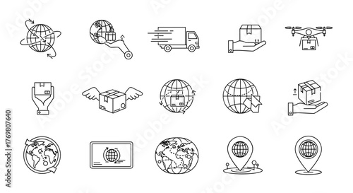 Global Delivery Icons: A Minimalistic Outline Collection for Web, Apps, Banners, Social Networks, and Cards. This Vector Cartoon Illustration Set Features a White Line Art Style on a Black