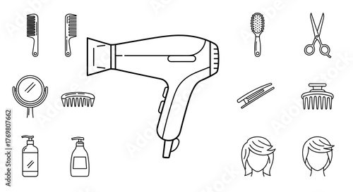 A minimalist, clean line art vector illustration of a hairdryer and various hair styling tools, including combs, scissors, and a hairbrush, presented on a white background, ideal for web, print, and