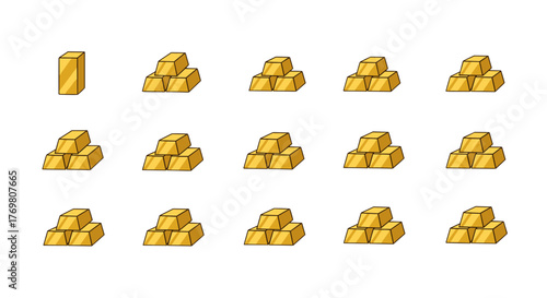 Collection of shiny gold bars, stacked and isolated on a black background, perfect for infographics, articles, books, flyers, and banners, presented as a vector cartoon illustration with editable