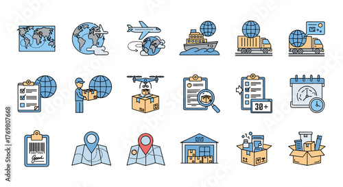 Global delivery outline linear symbols set, including world map, airplane, ship, truck, drone, package tracking, calendar, barcode, map pin, warehouse, and boxes, representing logistics and shipping