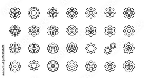 Collection of simple gear and cogwheel icons with editable stroke, perfect for infographics, articles, books, flyers, and banners, representing mechanisms and industry in a cartoon vector style.