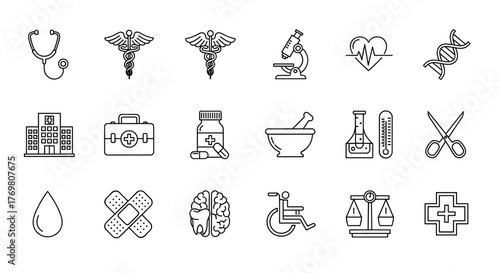 A collection of white line art icons on a black background, representing various aspects of health and medicine, including a stethoscope, caduceus symbols, a hospital, a first aid kit, pills, a