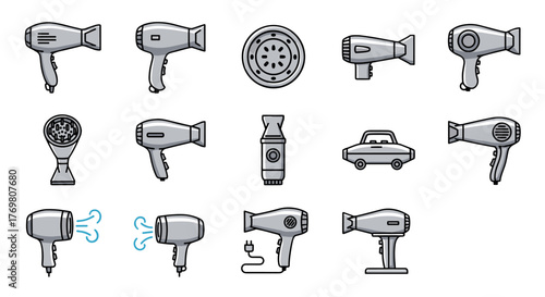 Collection of stylized vector cartoon illustrations of various hair dryers and related accessories, presented on a clean black background, ideal for web, books, cards, and app design, showcasing