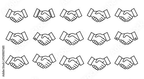 Handshake outline icon collection, representing agreement, partnership, and trust. These editable stroke vector graphics are perfect for infographics, articles, books, flyers, and banners, offering a
