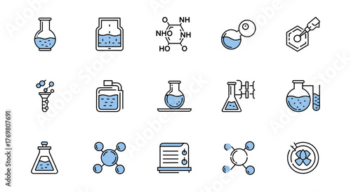 Set of Chemistry-Related Line Icons with Editable Stroke, Perfect for Design, Websites, Apps, and Cards, Featuring Linear Images of Chemical Compounds, Laboratory Bulbs, and Molecular Structures for