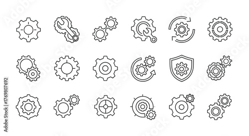 Set of Gear and Cogwheel Related Line Icons, Outline Signs for Graphic and Web Design, Apps, Adverts, Various Cards, Vector Cartoon Illustration with a Wrench and Shield Symbol, Representing