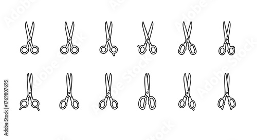 A collection of minimalist line art icons representing various types of scissors, presented in a clean, white outline style against a stark black background, ideal for web design, graphic