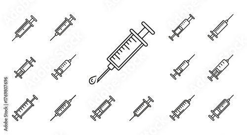 A collection of minimalist, linear icons of syringes, rendered in a clean, outline style on a black background. The central syringe features a single drop of liquid falling from its needle