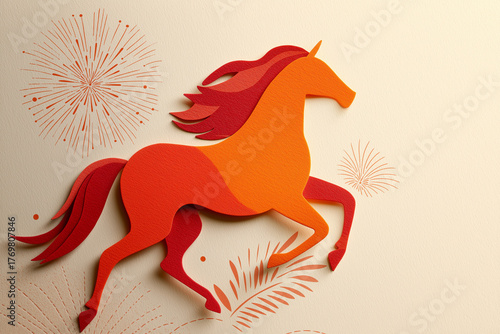 red and orange paper cut style fire horse on greeting card