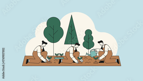 Visitors participating in a treeplanting workshop within a community that aims to restore local habitats with participants donning gloves and planting seedlings.